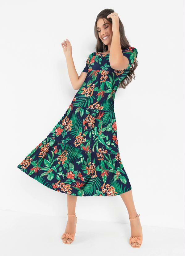 Vestido Floral Marinho Com Recorte Em Camadas