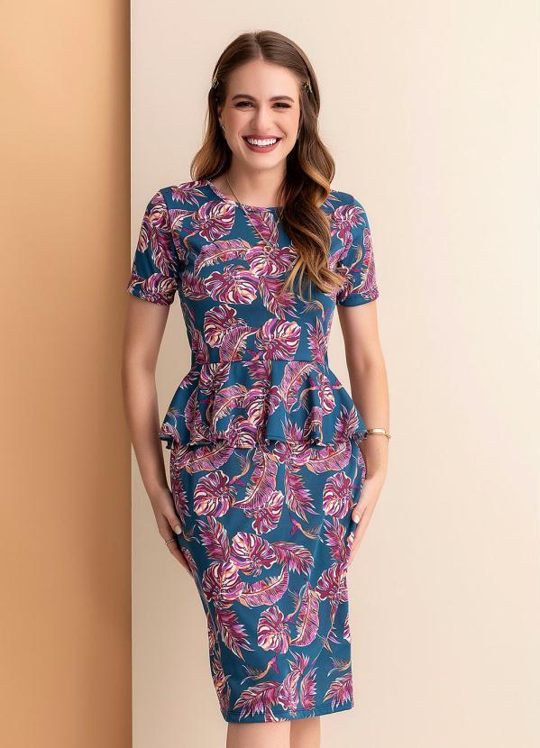 Vestido Folhas Marinho Peplum