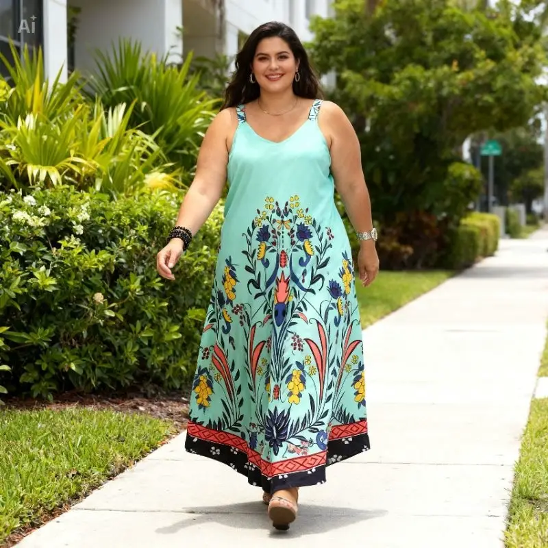 Vestido Indiano Longo Trapézio Alça Com Bolso Plus Size