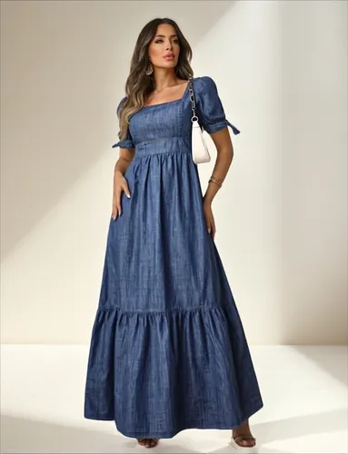 Vestido Jeans Longo Rodado Soltinho Com Laço