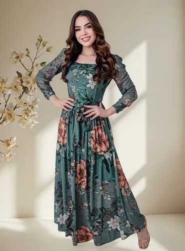 Vestido Longo Feminino Tule Floral Com Manga