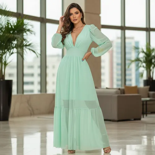 Vestido Verde Claro Vestido Longo Feminino Tule Manga Longa Com Gola