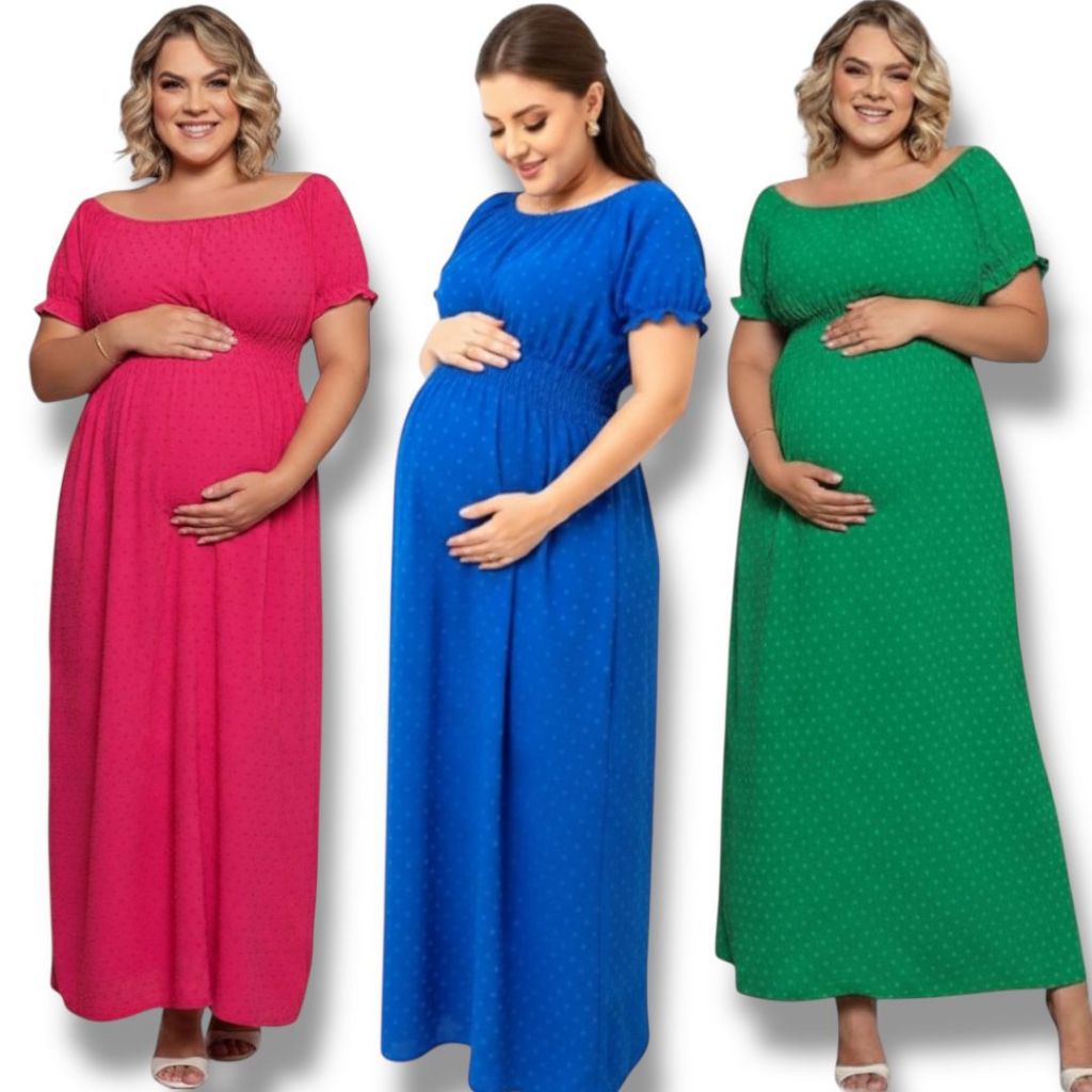 Vestido Longo Gestante Plus Size Ombro A Ombro