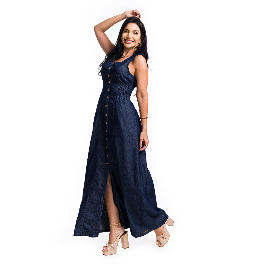 Vestido Longo Jeans Com Lastex E Botões