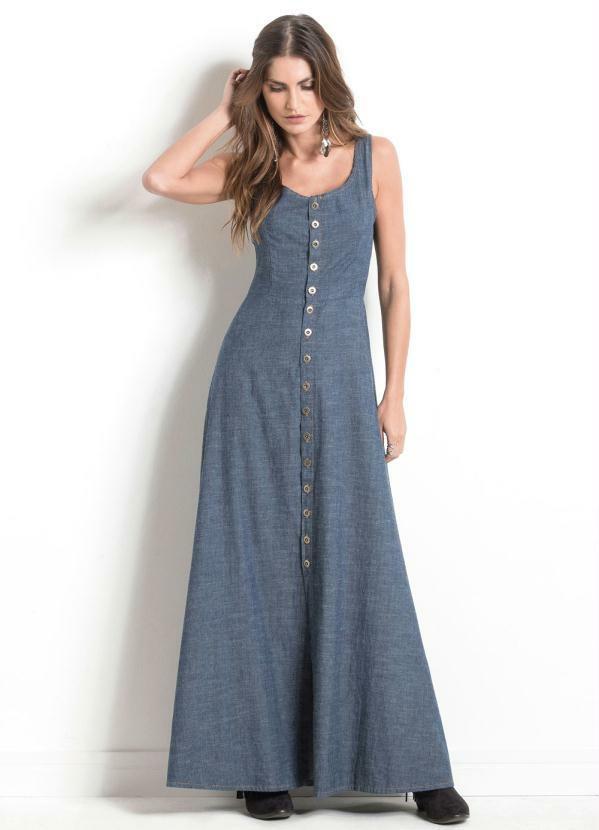 Vestido Longo Jeans Escuro Com Botões