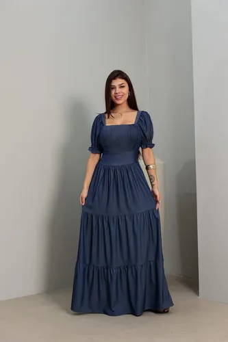 Vestido Longo Jeans Manga Curto