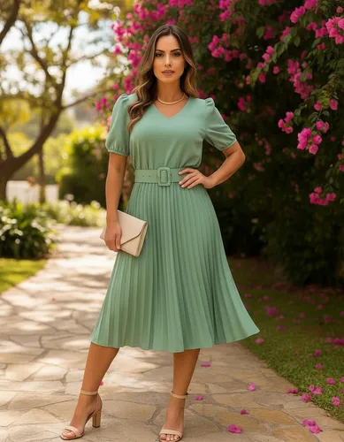 Vestido Verde Claro Vestido Midi Elegante Plissado Com Cinto
