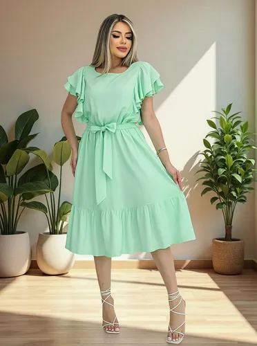 Vestido Verde Claro Vestido Midi Rodado Feminino Elegante