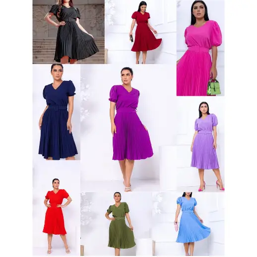 Vestido Plissado Lisa Midi Rodado Com Cinto