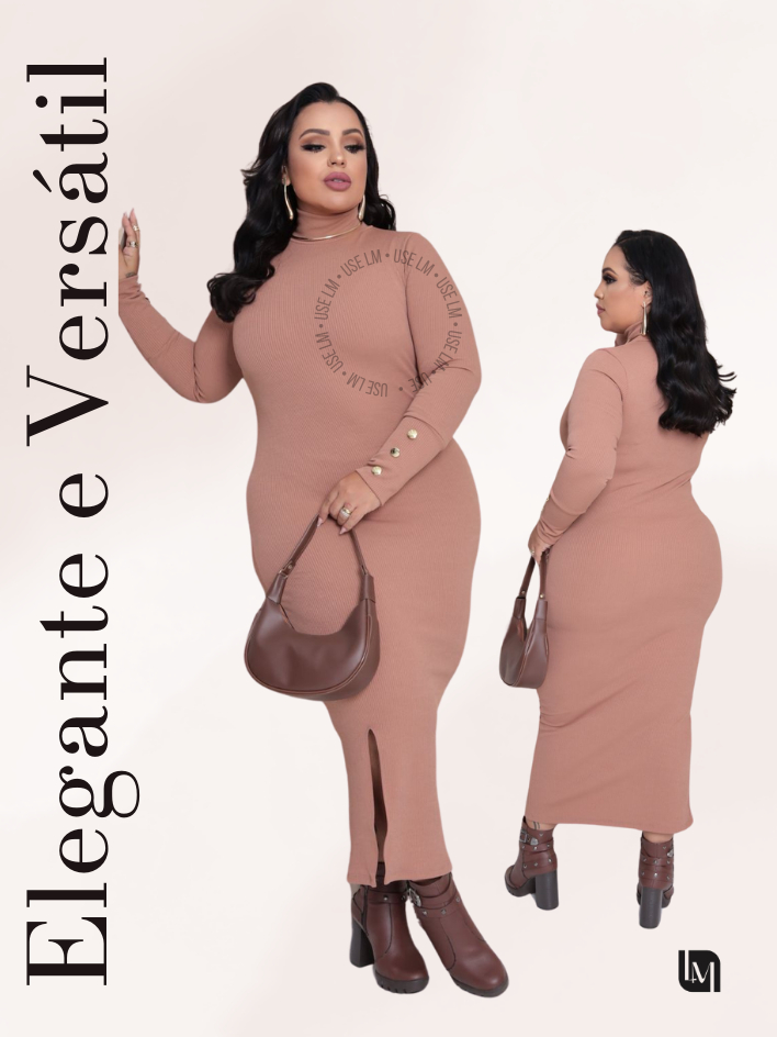 Vestido Plus Size Midi Manga Longa