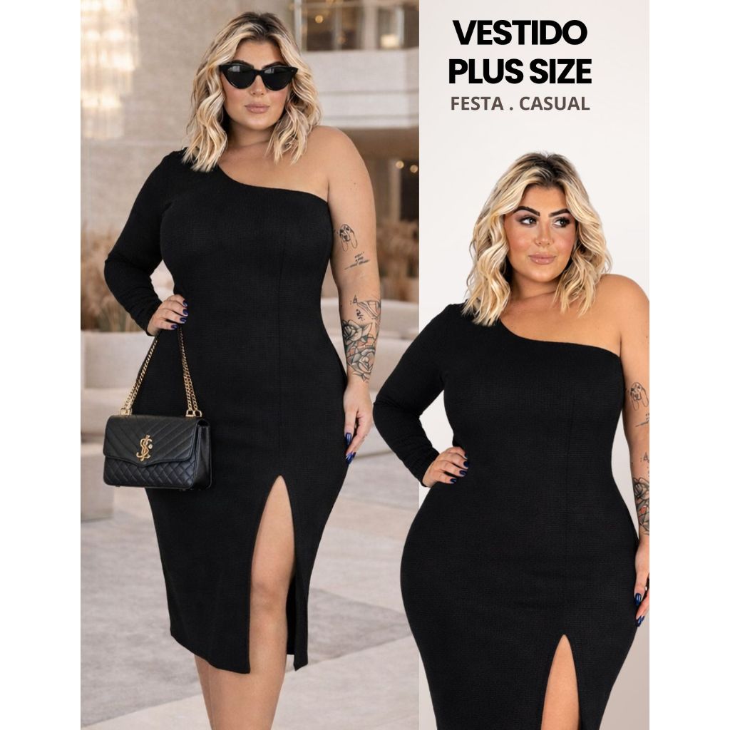 Vestido Plus Size Midi Manga Longa