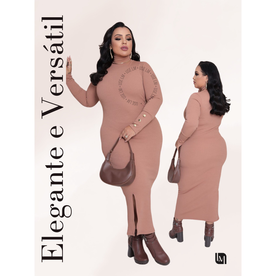 Vestido Plus Size Midi Manga Longa Canelado