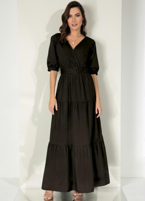 Vestido Preto Em Camadas Com Cinto