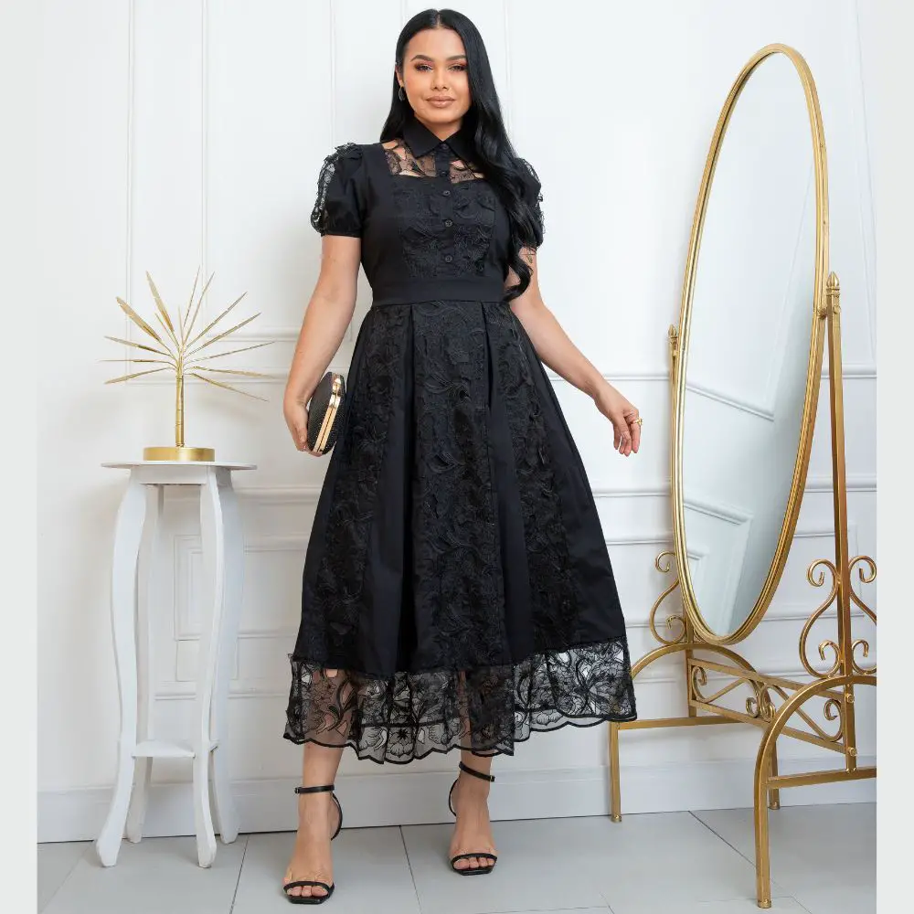 Vestido Preto Festa Tricoline Renda Bordada