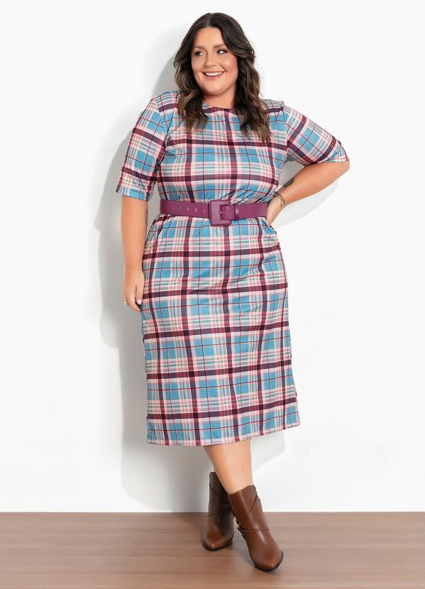 Vestido Xadrez Marrom Com Fenda Plus Size