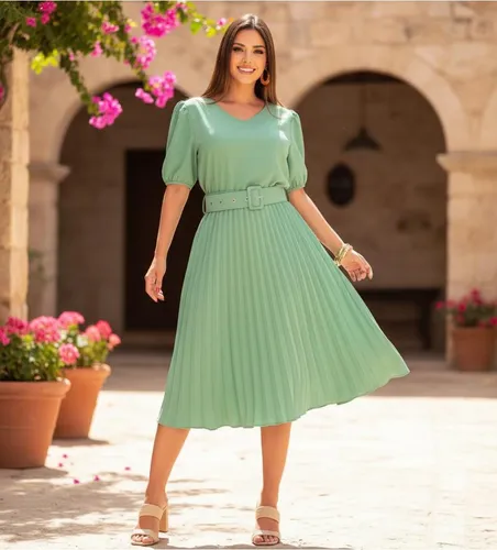 Vestido Plissado Comcinto Gola V