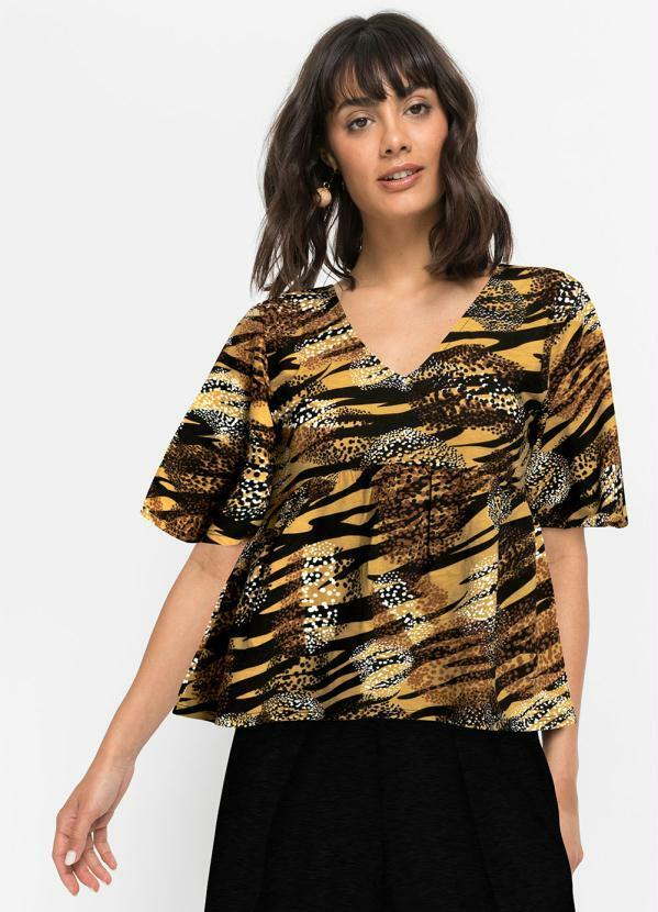 Blusa Manga Ampla Animal Print Preto