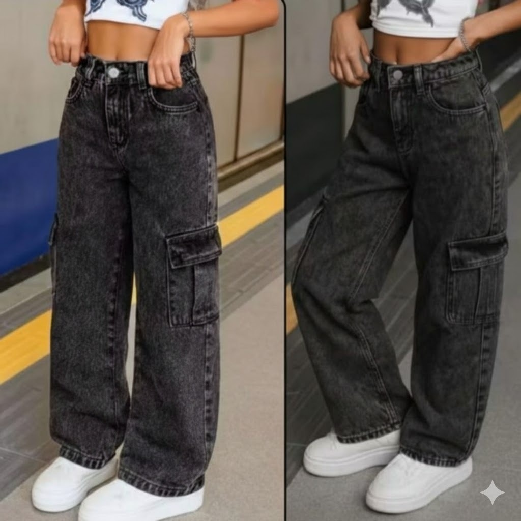Calça Cargo Jeans Juvenil Wide Leg Cintura Alta Bolsos