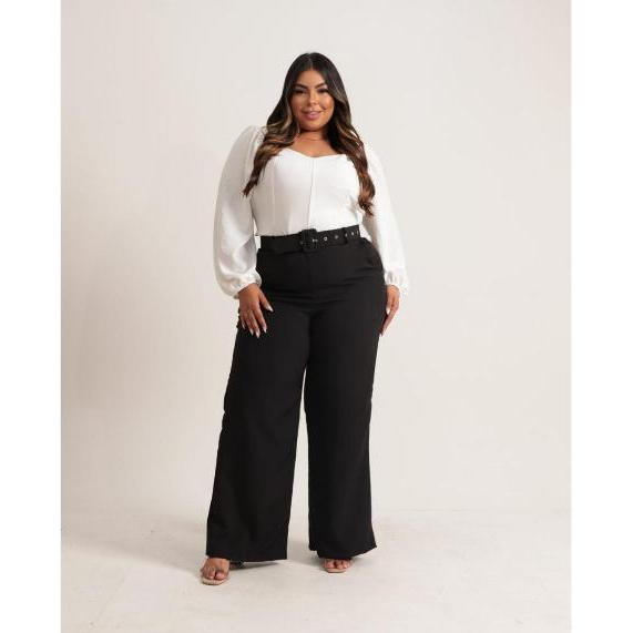 Calça Feminina Plus Size Curve Social Alfaiataria Pantalona Com Cinto