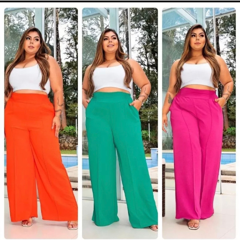 Calça Feminina Plus Size Pantalona Cintura Alta