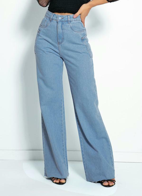 Calça Jeans Wide Leg Com Bolsos Sawary