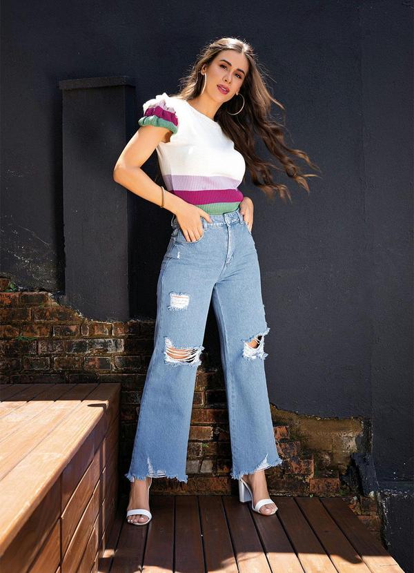 Calça Jeans Wide Leg Com Destroyed Sawary