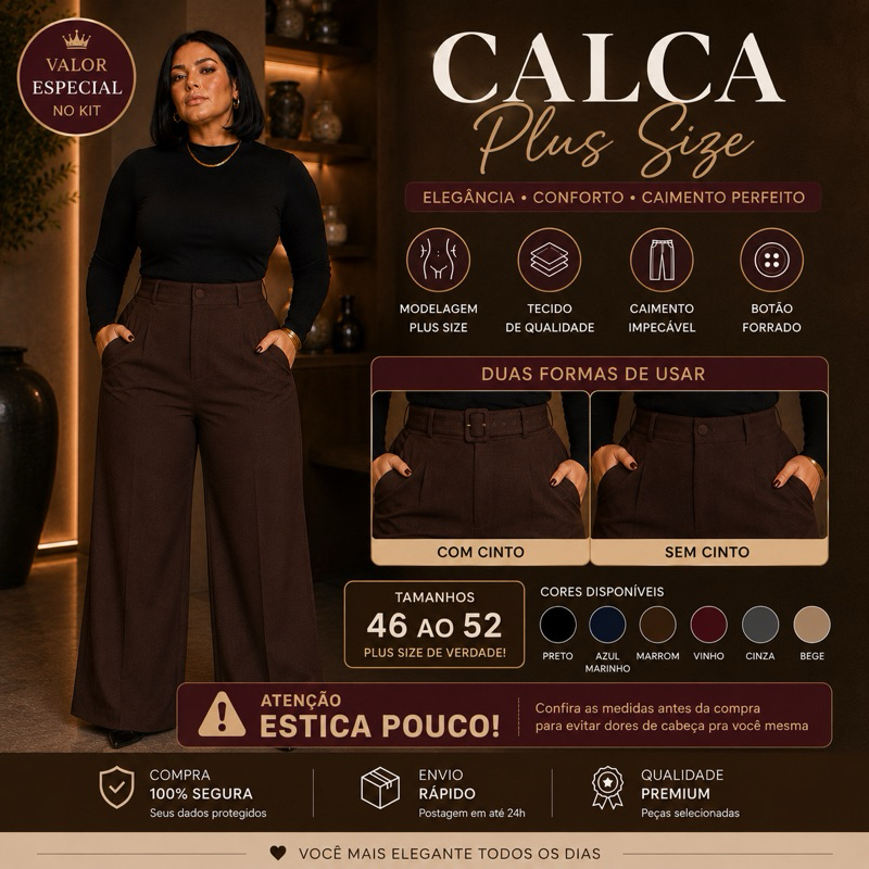 Calça Plus Size Com Cinto Pantalona Social Alfaiataria Cintura Alta