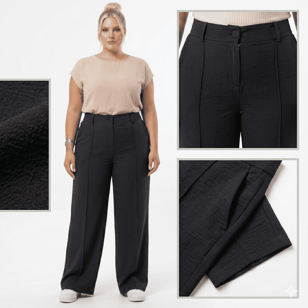 Calça Plus Size Feminina Pantalona Soltinha Cintura Alta Wide Leg