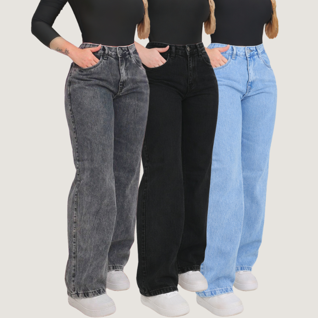 Calça Wide Leg Jeans Feminina Cintura Alta 1, 2 Ou 3 Peças