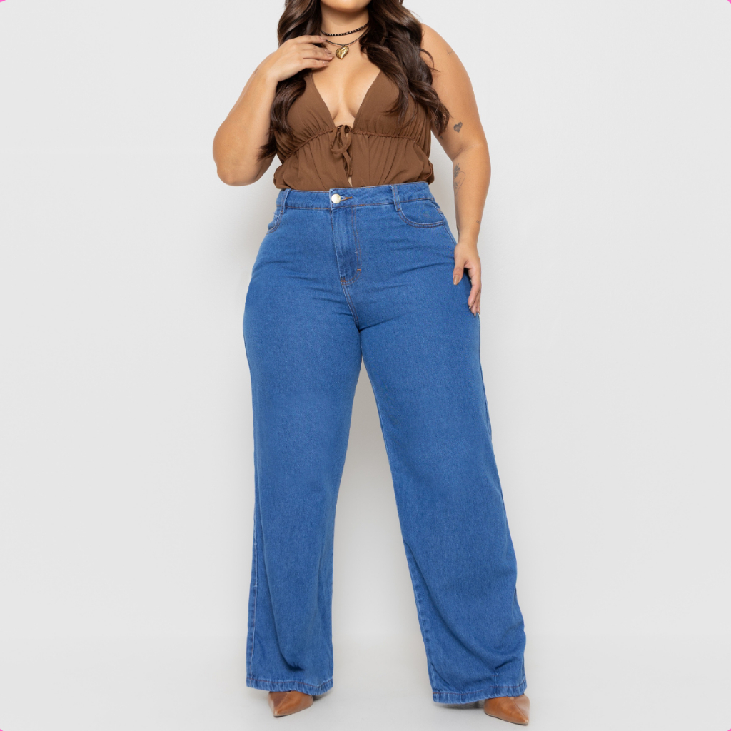 Calça Wide Leg Plus Size Jeans Levanta Bumbum
