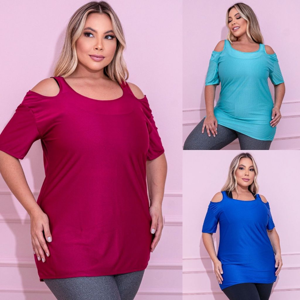 Camiseta Feminina Plus Size Com Tecido Furadinho De Secagem Rápida