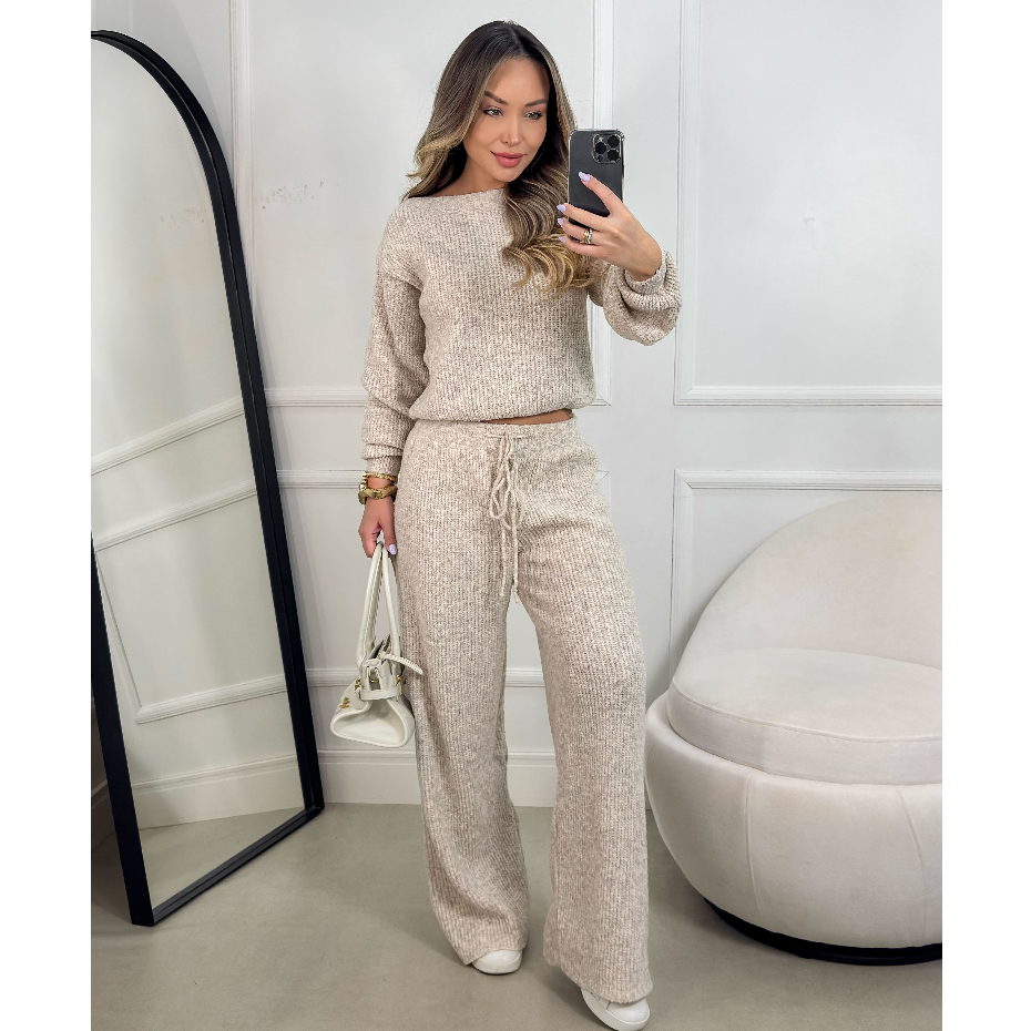 Conjunto Tricot Feminino Calça Pantalona Cordão Ajustável+Blusa Manga Bufante