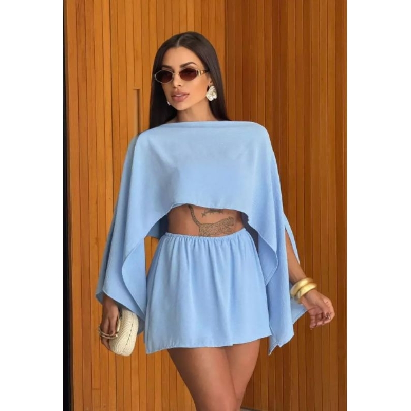 Conjunto Feminino 3 Peças Capa Blusa E Short Saia