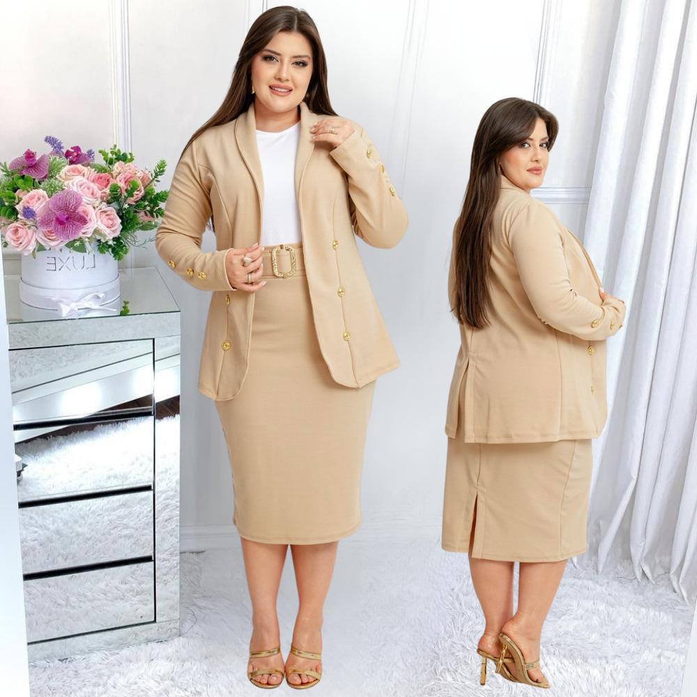 Conjunto Feminino Blazer Social Saia Midi Com Cinto