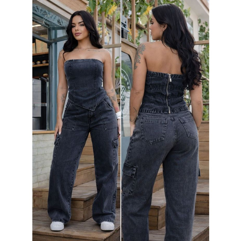 Conjunto Feminino Jeans Calça Grafite E Cropped Grafite Tomara Que Caia