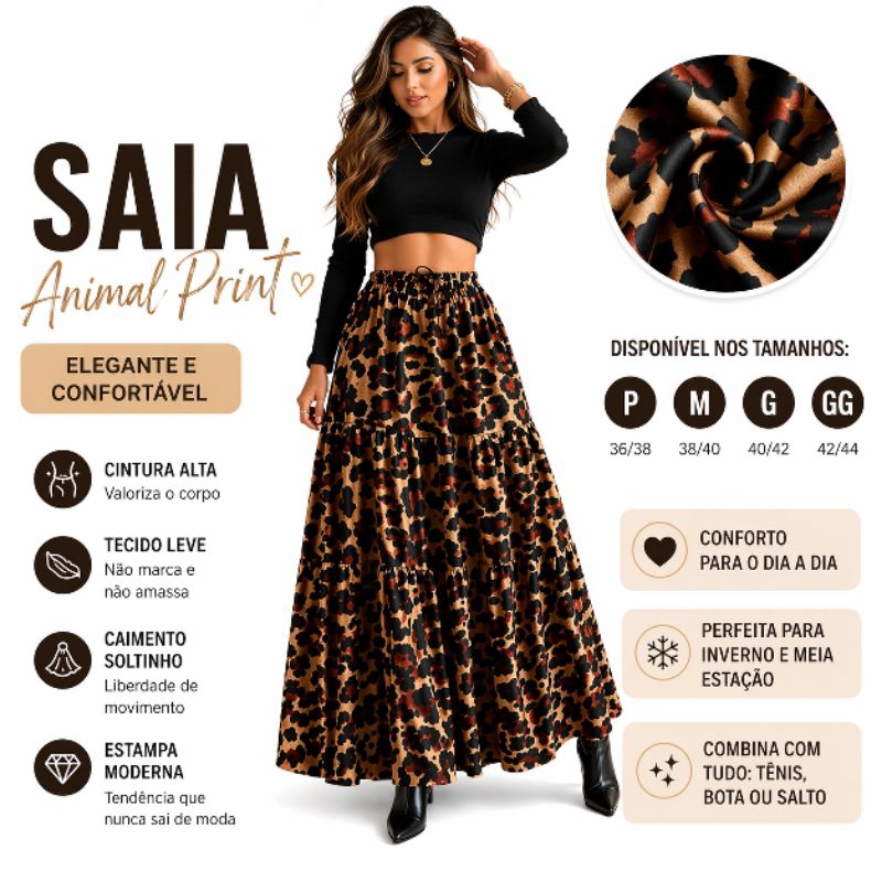 Saia Longa 3 Marias Feminina Estampa Oncinha Elástica