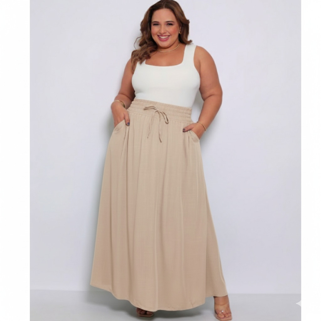 Saia Longa Plus Size Com Bolsos