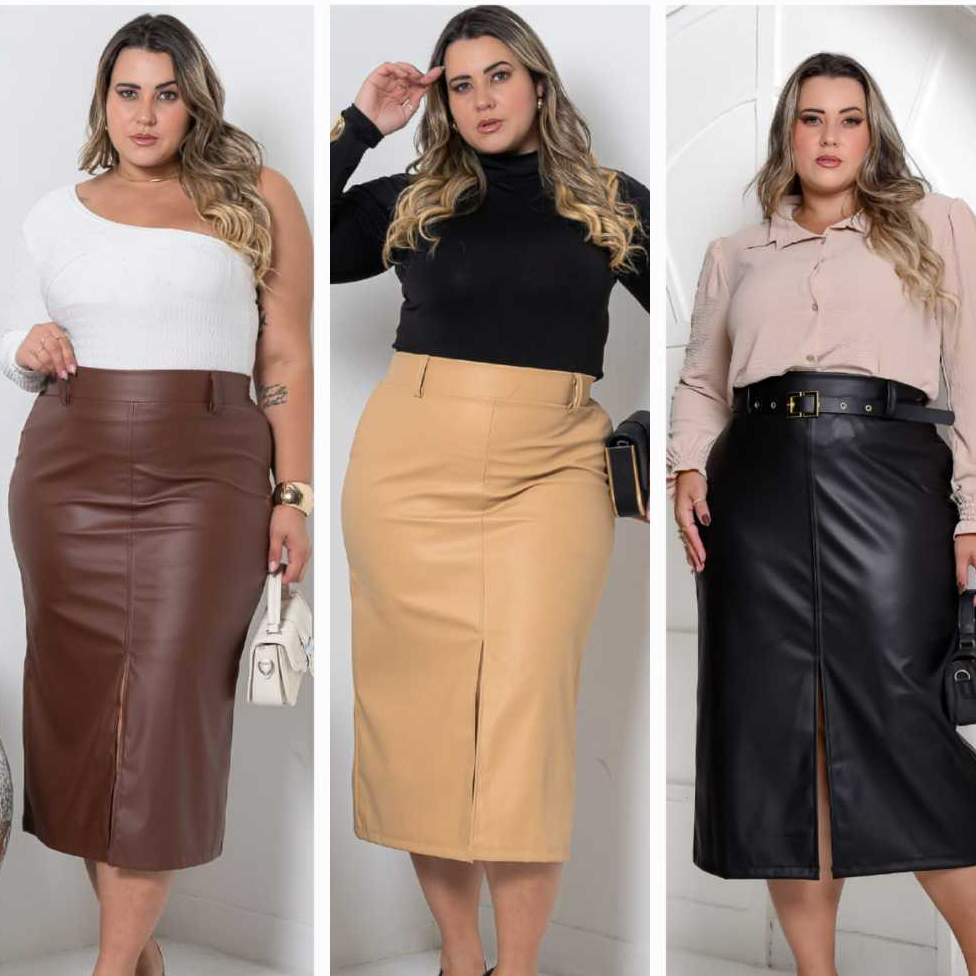 Saia Midi Femenina Couro Plus Size
