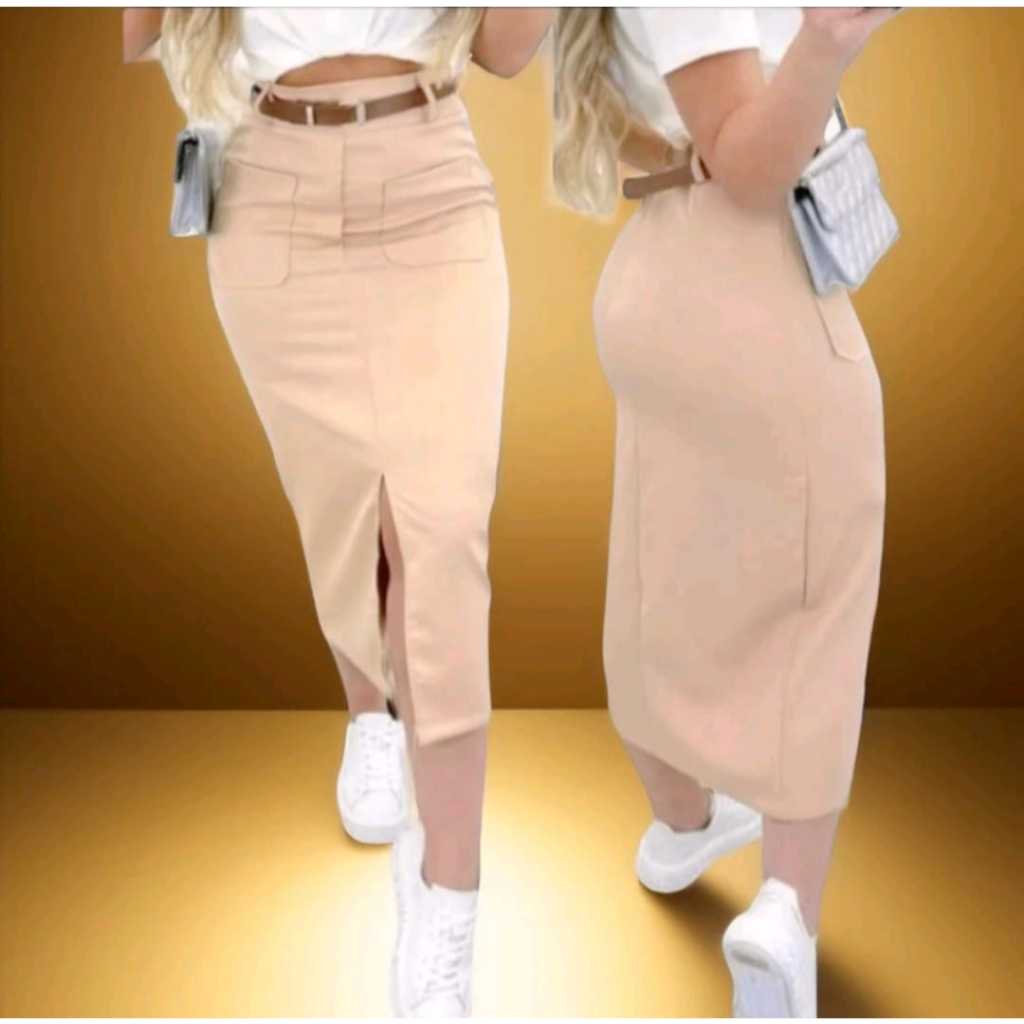 Saia Midi Feminina Cintura Alta Com Fenda