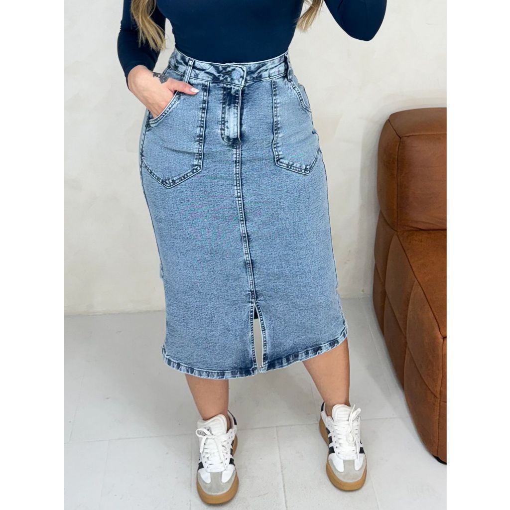 Saia Midi Jeans Com Fenda