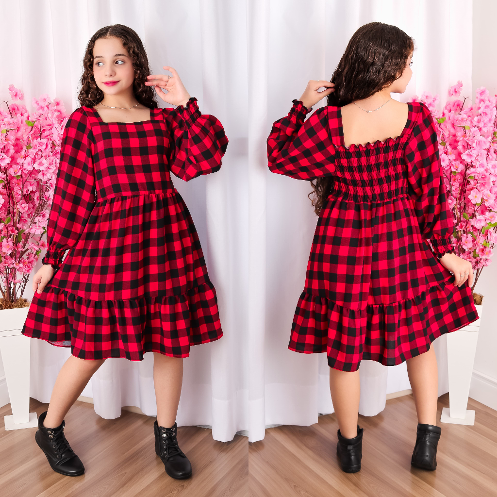 Vestido Curto De Manga Longa Xadres /Festa Junina Meninas