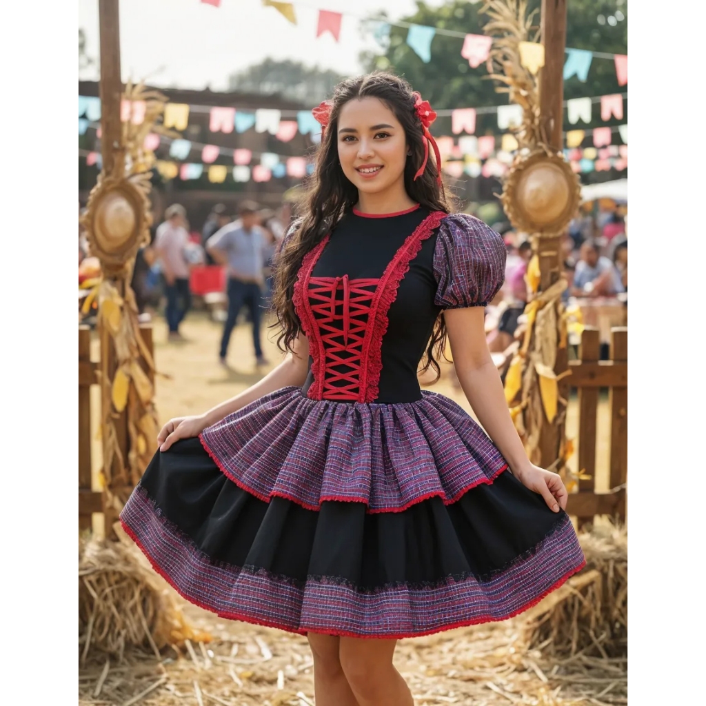 Vestido De Festa Junina Caipira Com Luva E Fita De Cabelo