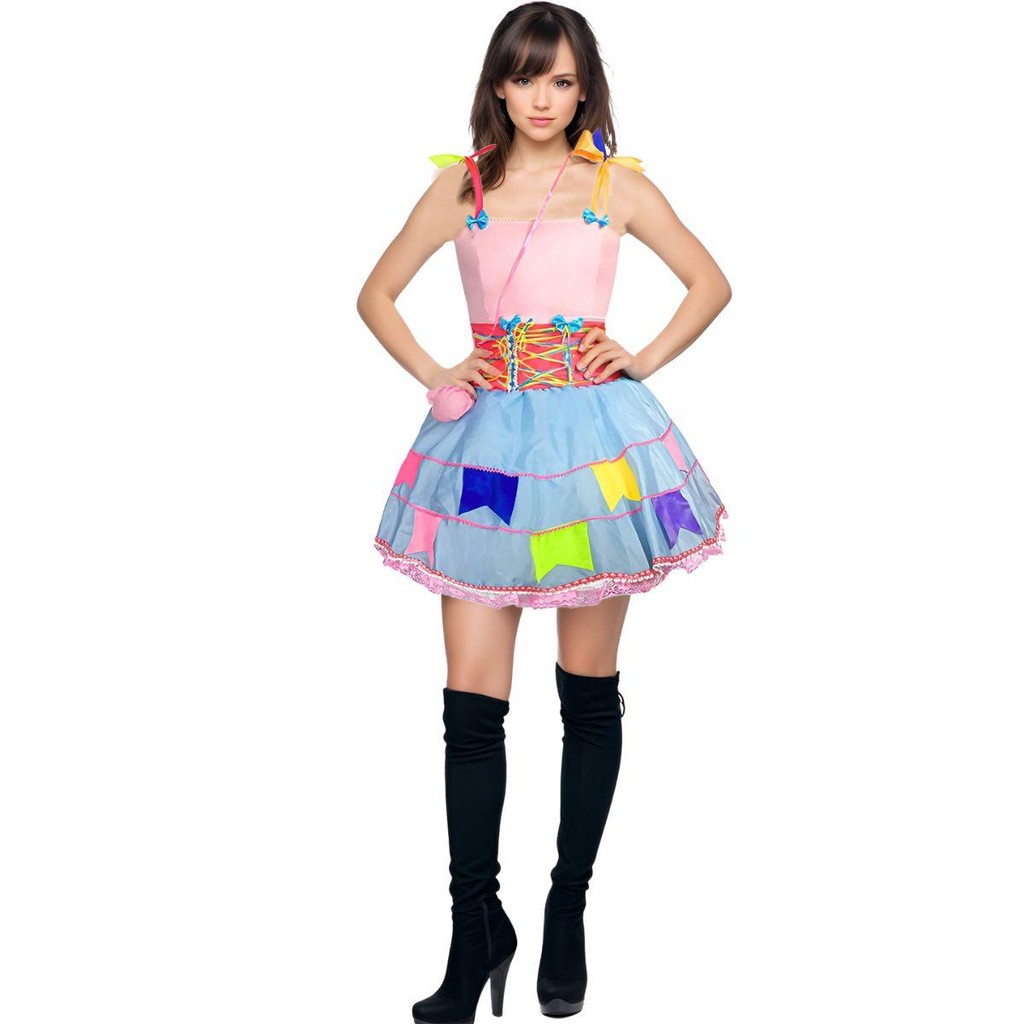 Vestido Festa Junina Adulto Rosa E Azul Com Bolsa