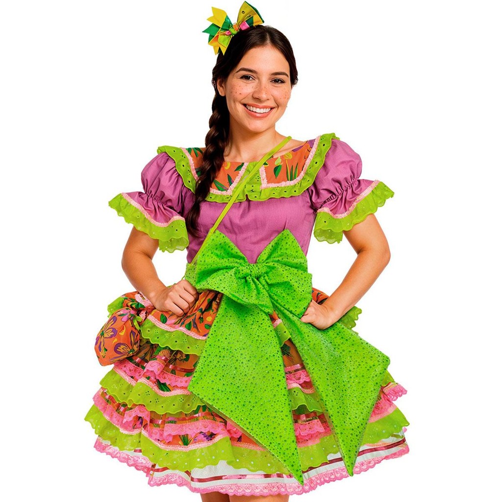 Vestido Festa Junina Adulto Super Rodado Com Bolsa