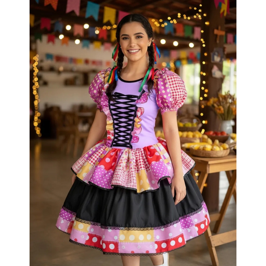 Vestido Festa Junina Caipira Com Luva E Fita De Cabelo