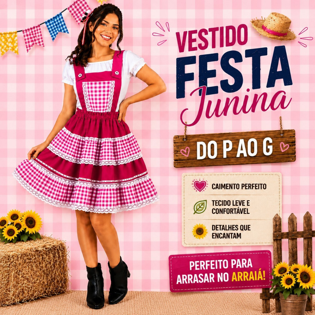 Vestido Festa Junina Feminino Luxo Adulto Rodado Xadrez São João