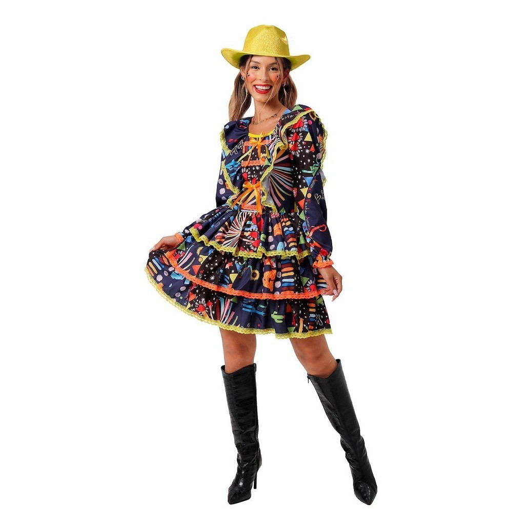 Vestido Festa Junina Manga Longa Com Babados