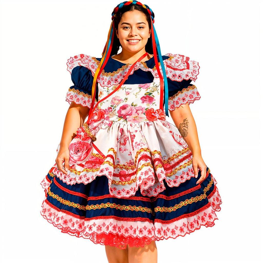 Vestido Festa Junina Plus Size Com Avental Floral E Bolsinha