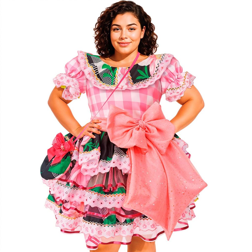 Vestido Festa Junina Plus Size Super Rodado Com Bolsa