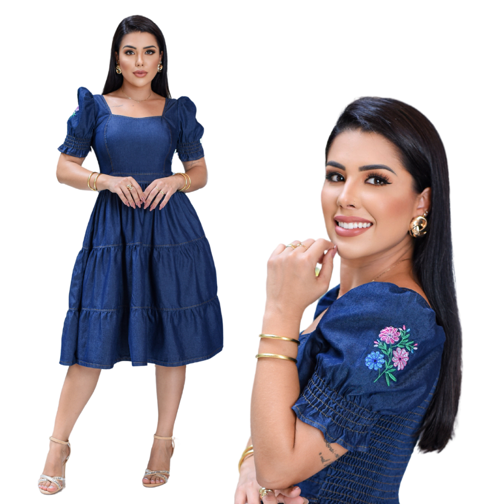 Vestido Jeans Com Lastex Manga Curta